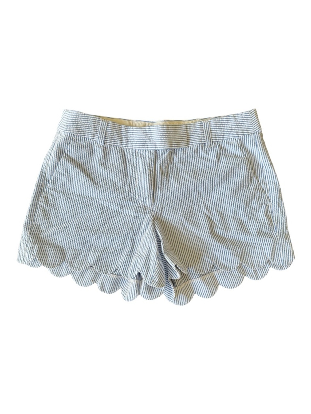 Like New J. Crew Scallop-Hem High-Rise Shorts in Blue/White Seersucker